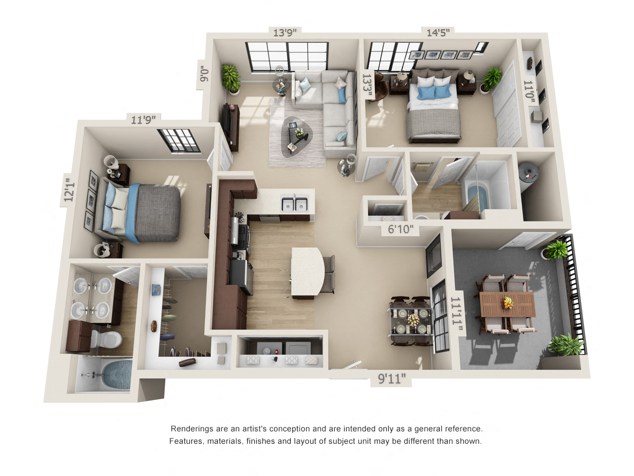 Floor plan for 2 beds, 2 baths, 1083 sqft